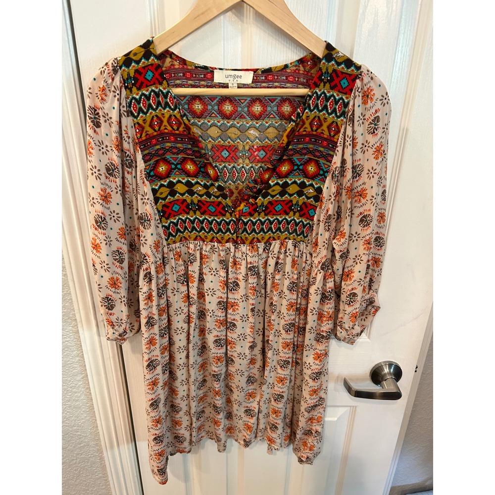 Umgee Babydoll Dress Multicolor Tribal Floral Boho‎ Tunic A0001 Small
